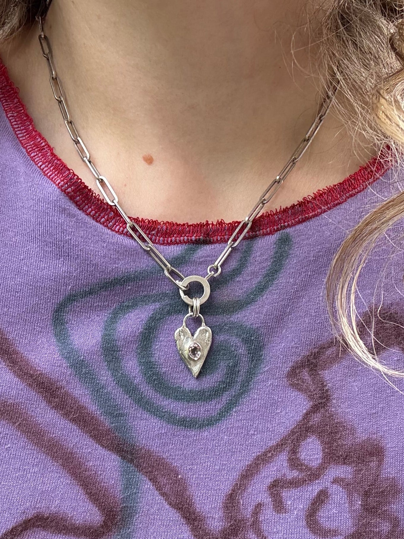 Silver necklace with a heart pendant and pink tourmaline gemstone, ring clasp 18" chain